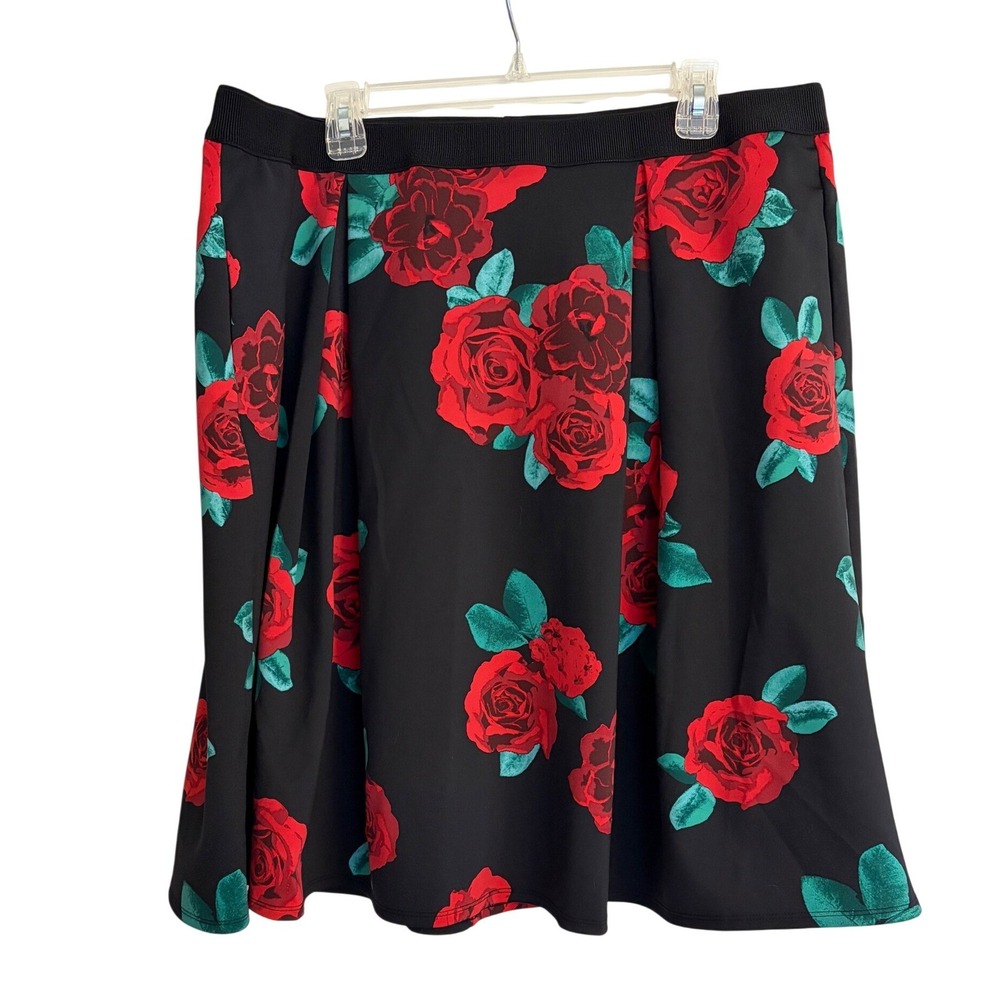 Lane Bryant New Red Rose‎ Floral Skirt Black Elastic Waist Pockets Size 18/20